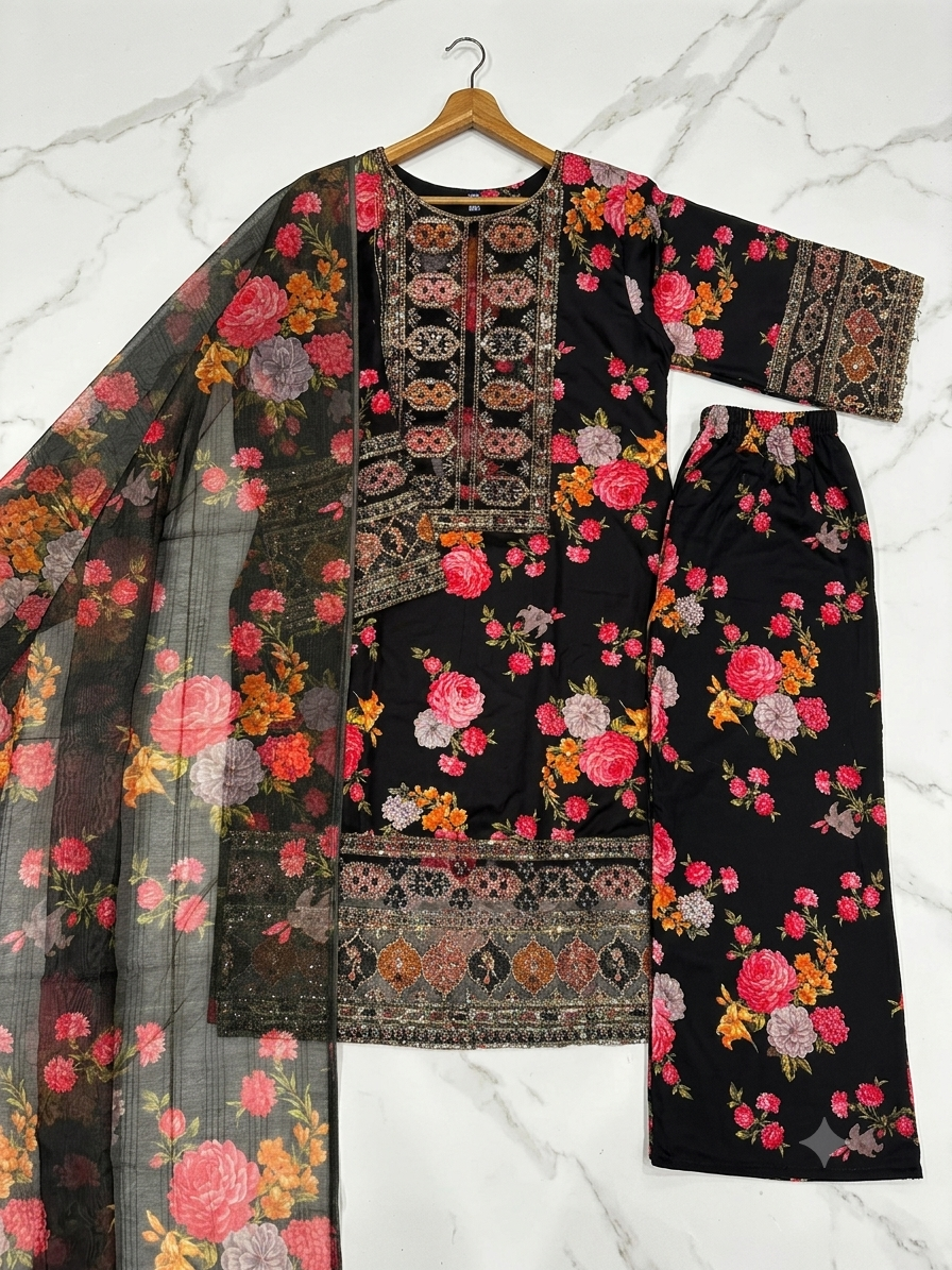 Anheela Printed 3Pcs Embroidered Neck Sleeve Duppata Set