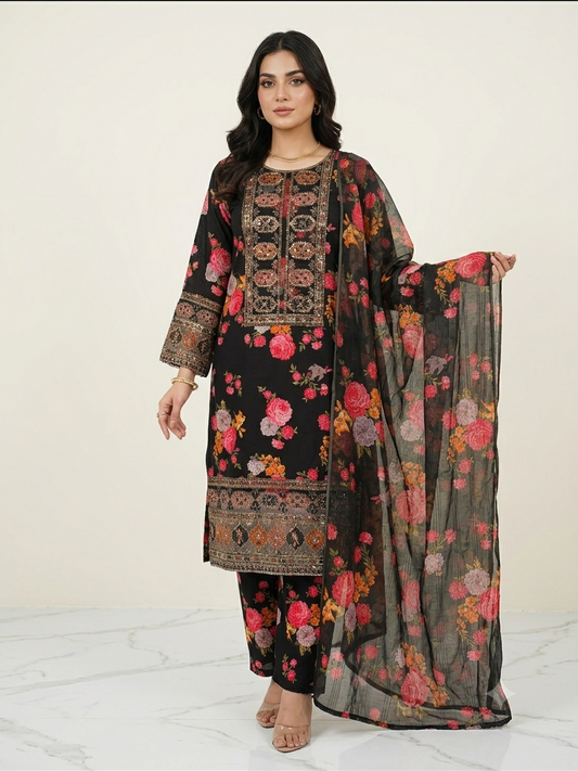 Anheela Printed 3Pcs Embroidered Neck Sleeve Duppata Set