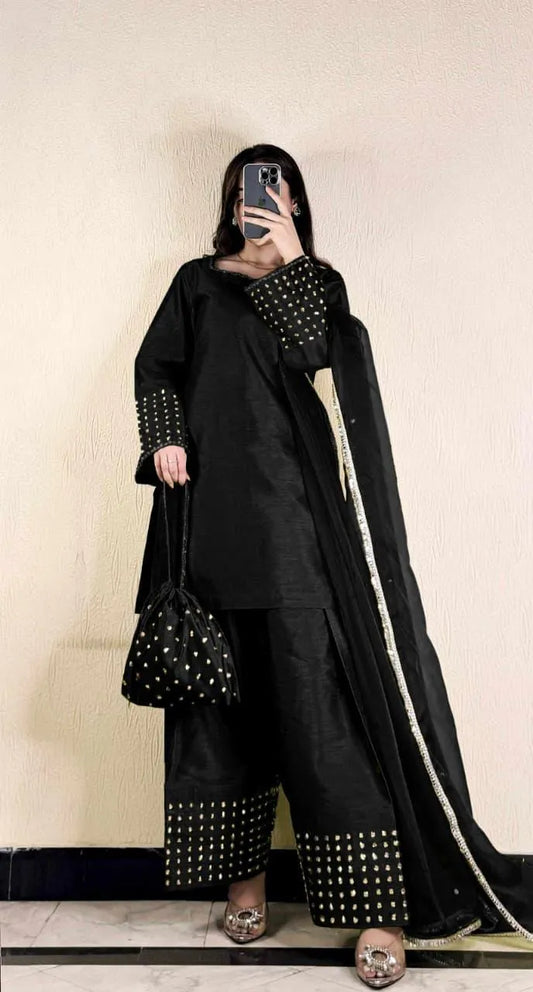 Black Pearl Embroidered 3Pcs Farshi Set with Lace Dupatta