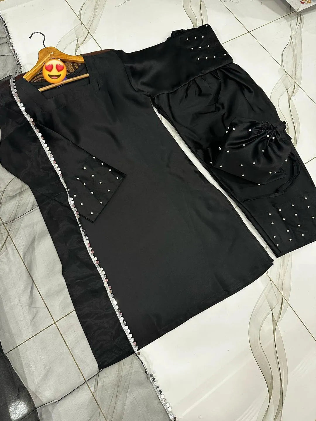 Black Pearl Embroidered 3Pcs Farshi Set with Lace Dupatta